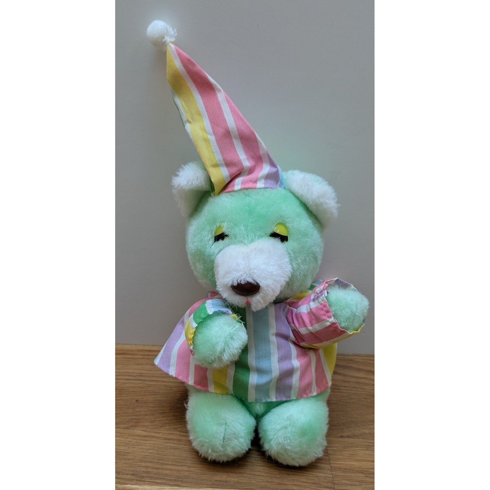 Cuddle Wit Plush Bear Green Rainbow Striped Pajamas Nightcap Vintage PJ Teddy